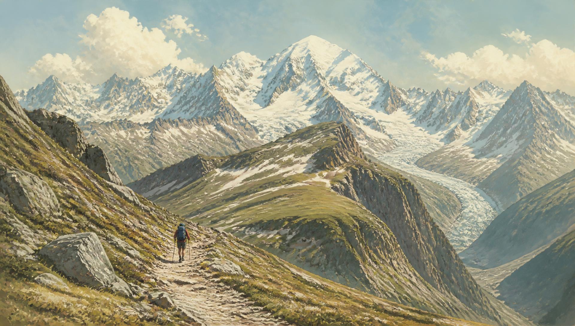 A hiker climbing a high Tour du Mont Blanc path with the snow-covered massif ahead